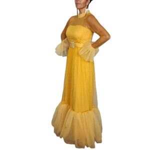 Women's Yellow Tulle Evening Gown with Sheer Sleeves Rhinestone Belt Size L